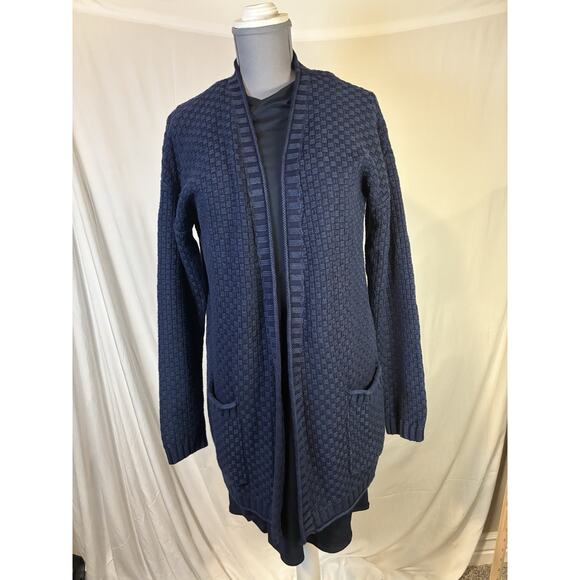 Woolovers Sweaters - Woolovers Chunky long cardigan M navy Cable knit Cotton Pockets Boho Classic